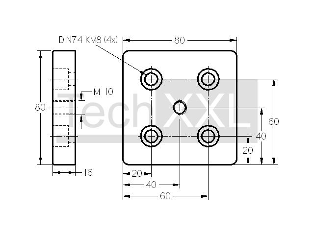 Piastra di base 8 80x80 M10 alluminio brillante